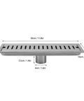 Oreilet Linear Shower Drain 12 Inch Floor Drain with Hair Catcher, stainless steel rectangular design, shown from side with measurements.