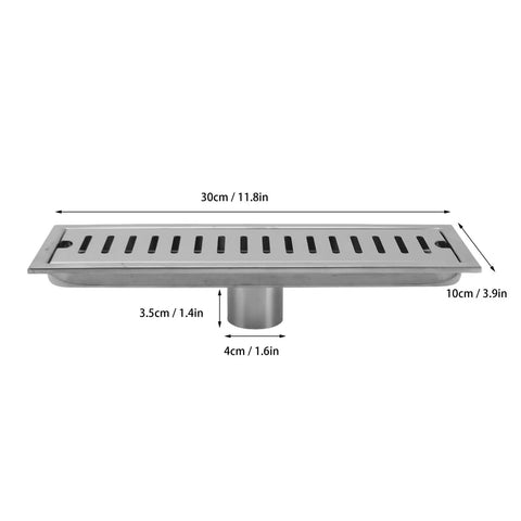 Oreilet Linear Shower Drain 12 Inch Floor Drain with Hair Catcher, stainless steel rectangular design, shown from side with measurements.