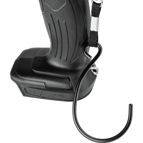 Close-up of DML815B 18V LXT Lithium Ion Cordless LED Flashlight base with metal hang hook and battery slot, no battery attached.