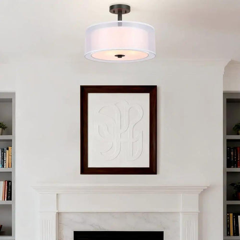 Three Light Drum Semi Flush Ceiling Light With Fabric Shade In Dark Bronze Close To Ceiling 16 Inch Modern Rustic Living Room
