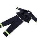 Heavy Duty Fire Retardant Work Suit With Aramid Insulation And High Visibility Design, navy blue suit with reflective stripes.