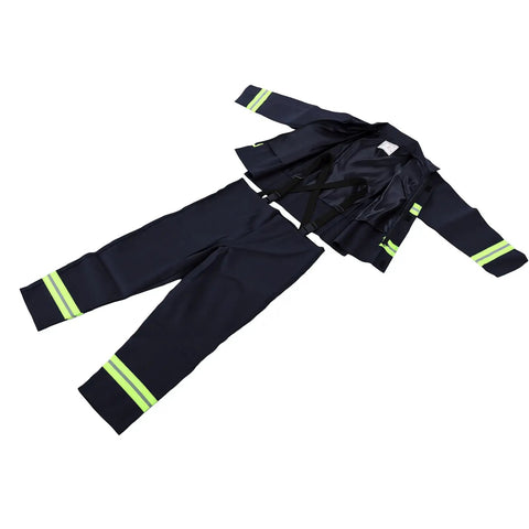 Heavy Duty Fire Retardant Work Suit With Aramid Insulation And High Visibility Design, navy blue suit with reflective stripes.