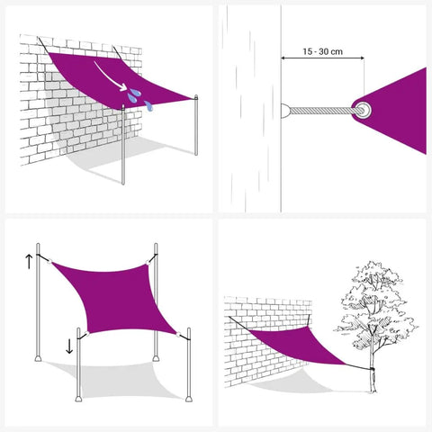 Diagram showing installation of Sun Shade Sail 10x20 Cream Rectangle Canopy Cover For Patio Or Yard with D rings attachment.