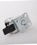 Top Shelf Heavy Duty Two Inch Twin Caster Wheels With Locking Brake And True 360 Swivel Action, close-up view of wheel with metal mounting plate.