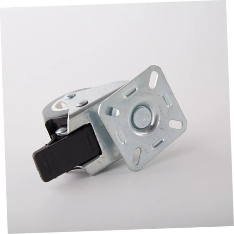 Top Shelf Heavy Duty Two Inch Twin Caster Wheels With Locking Brake And True 360 Swivel Action, close-up view of wheel with metal mounting plate.