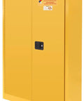 Heavy Duty 45 Gallon Flammable Storage Cabinet With Smooth Gliding Doors And No Hassle Self Closing Mechanism in yellow rugged steel.