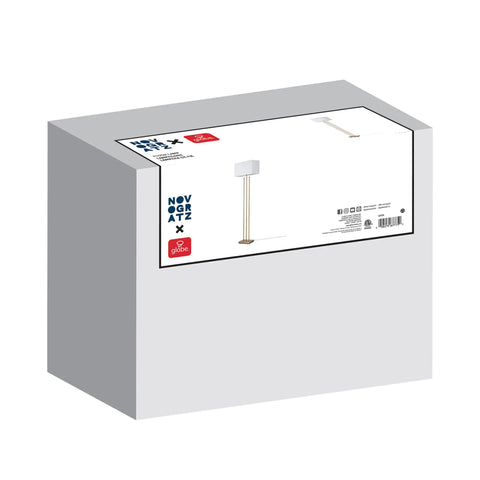 Box packaging of SoHo Floor Lamp 62 Inch In Matte Brass With White Linen Shade And Rotary Switch for living room or office