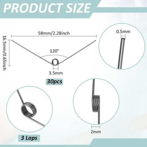 Diagram of 30 Pcs Stainless Steel Torsion Springs 0.5mm Wire Diameter 4.5mm Outer Diameter 120 Degree Deflection with measurements