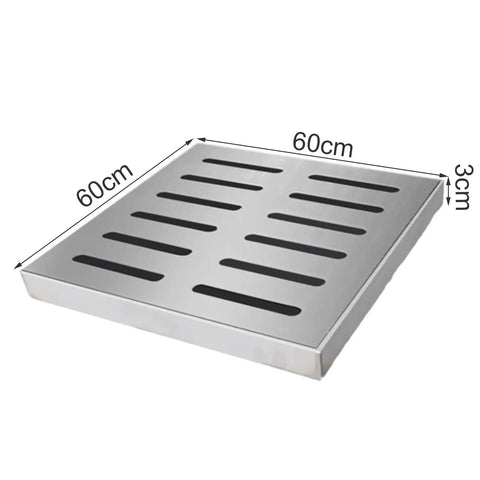 Heavy Hitting Stainless Steel Drain Grate Cover For Bathroom Shower And Outdoor Yard Driveway Rust Resistant Catch Basin Channel Tile 60 By 60 By 3 Cm Quick Install No Mess, showing dimensions and design.