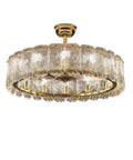 Top Shelf Modern Ceiling Fan Chandelier Combining Invisible Blades With Slick Crystal Accents And Warm Pendant Lighting in gold and crystal
