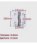 10 Pcs Mini Cabinet Drawer Butt Hinges Brass Connectors; dimensions 16mm x 18mm x 11mm with 0.4mm thickness, 2.1mm aperture.