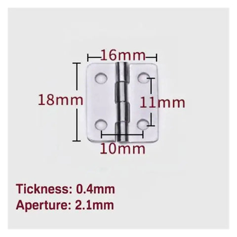 10 Pcs Mini Cabinet Drawer Butt Hinges Brass Connectors; dimensions 16mm x 18mm x 11mm with 0.4mm thickness, 2.1mm aperture.