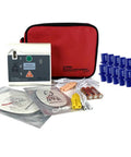 Practi-Trainer AED training kit with red carrying case, base unit, 10-pack disposable CPR valves, cables, and training discs