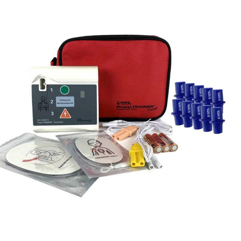 Practi-Trainer AED training kit with red carrying case, base unit, 10-pack disposable CPR valves, cables, and training discs