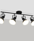 Four Light Black Industrial Track Lighting Fixture With E26 Base for ceiling mount with 350 degree rotating heads and modern design
