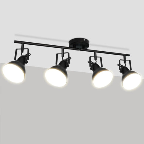 Four Light Black Industrial Track Lighting Fixture With E26 Base for ceiling mount with 350 degree rotating heads and modern design