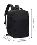 Black carry on friendly hiking backpack with expandable capacity opens flat for easy packing at security, side view, 40x30x22cm