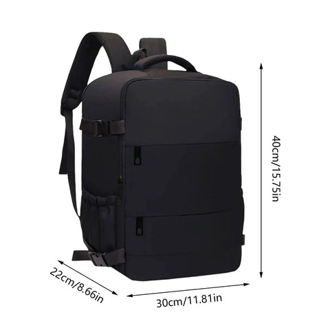 Black carry on friendly hiking backpack with expandable capacity opens flat for easy packing at security, side view, 40x30x22cm