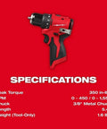 Subcompact Brushless Cordless Drill Driver With A Metal 3 8 Inch Chuck And Dual Speed Gears Built For Tight Corners And Hefty Job Sites Where Pros Want A Rock Solid Bare Tool Setup, showing specifications on a red background.