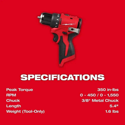 Subcompact Brushless Cordless Drill Driver With A Metal 3 8 Inch Chuck And Dual Speed Gears Built For Tight Corners And Hefty Job Sites Where Pros Want A Rock Solid Bare Tool Setup, showing specifications on a red background.