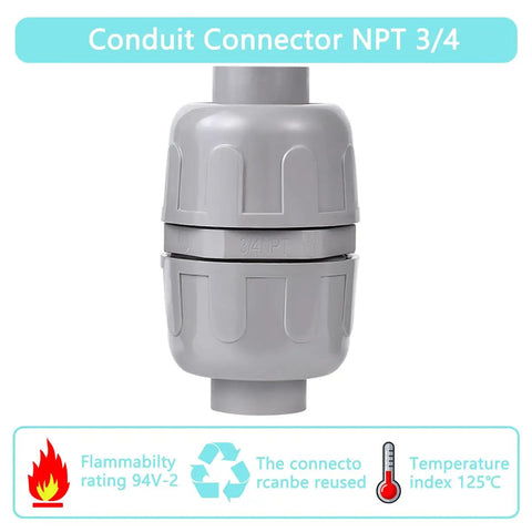 NPT Three Quarter Inch Liquid Tight PVC Conduit Connector Double Ended Straight Through 180 Degree Two Way Fittings For Indoor Outdoor Electrical Conduit Setup With No Tool Needed Push On Install
