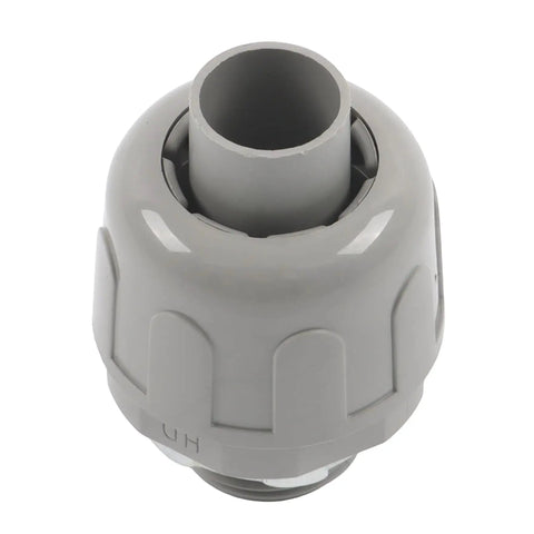 Heavy Duty Half Inch Npt Conduit Connectors 180 Degree Straight Wire Cable Grip 150 Pack Tool Free Slide And Tighten Design Built Tough Impact Resistant Hangs Solid On Rough Job Sites gray conduit connector close-up view