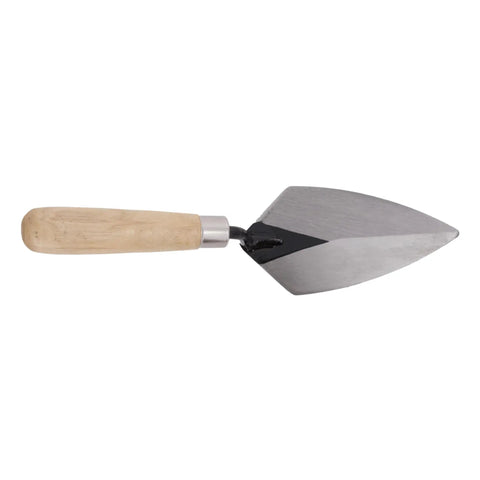 Pointing Trowel For Masonry And Mortar Finishing, Pro Grade For DIYers, Durable Cement Tool With Five And A Half Inch By Two And Three Quarter Inch Blade, Choose Soft Grip, Hardwood, Or Plastic Handle, Great For Concrete, Brickwork And Archaeology; showing full trowel with hardwood handle and steel blade.