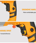 Close-up view of ergonomic handle and variable speed switch on Corded 720 Watt Drill With Three Eighths Inch Chuck Variable Speed From Zero To Three Thousand Six Hundred RPM Multi Material Drilling For Concrete Metal And Wood With Speed Switch Beast Power For DIY And Pros