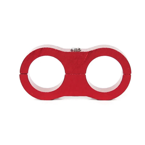 Get Your Custom Hose Clamps Ready With This 10 Piece Aluminum AN4 AN6 AN8 AN10 AN12 Separator Kit For Braided Rubber Line Divider Clamps That Lock Down Tight And Keep Every Connection Secure For Any High Performance Ride Or Rig You Are Building Right Now. red aluminum AN line divider clamp, dual-hole view