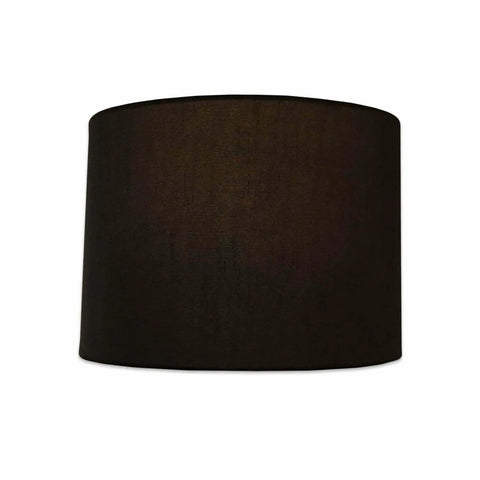 Shallow Drum Hardback Lamp Shade 17 By 18 By 11.5 Inches Black exterior, spider fitter table lamp shade front view, silk shantung texture.