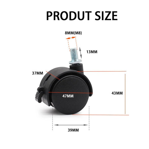 Diagram showing dimensions of 4 Pieces M8 Swivel Stem Caster Wheels With Locking Brakes Nylon Replacement Caster For Furniture