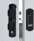 Close-up of a black sliding gate latch next to a lock for wooden garden shed, highlighting durable design and installation ease.