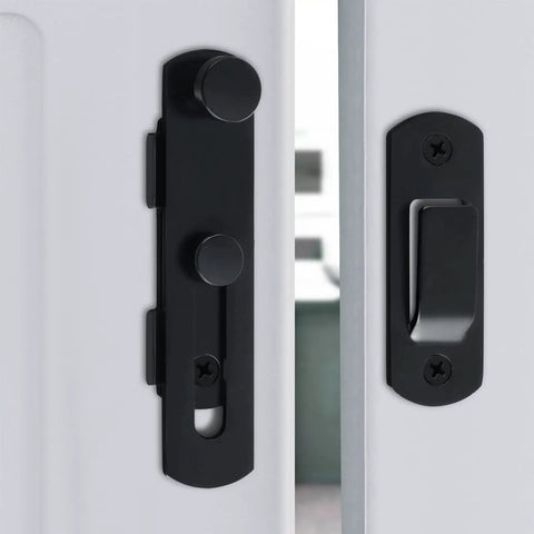 Stainless Steel Thicker Door Lock Sliding Gate Latch Wooden Garden Shed black gate latch close-up on sliding door.