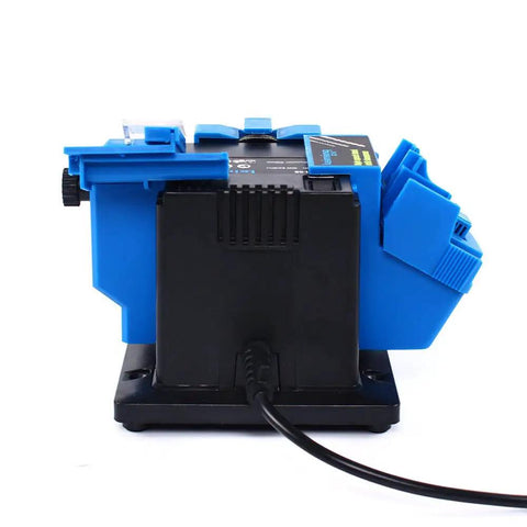 Rugged 65 Watt Electric Multitask Sharpener Fixes Drill Bits Chisels Scissors And Planer Knives Heavy Duty bench grinder side view with black base.