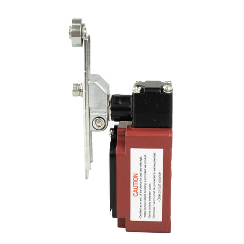 Amazon BISS side view adjustable roller limit switch with red housing and metal mounting plate, 1NO+1NC