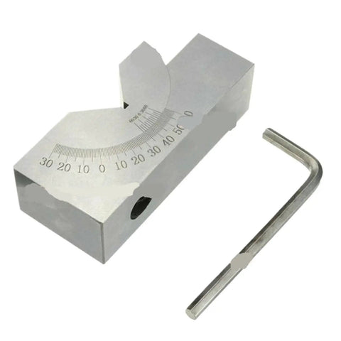 Top Shelf Precision Milling V Block Bench Clamp With Adjustable 0 To 60 Degree Angle Grip For CNC Machining Plus Wrench Included, showing steel V block and included wrench.