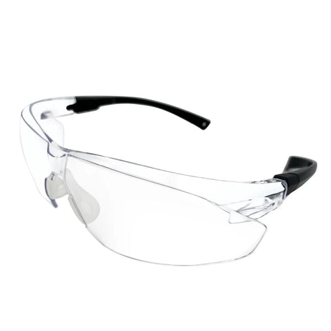 Hella Durable Wraparound Safety Glasses With Anti Fog Scratch Proof Polycarbonate Lenses For Yard Work Lawn Mowing Shooting And Outdoor Adventures ANSI Z87 approved eyewear with clear lenses and black accents.