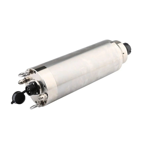 Badass 7.5KW Water Cooled Spindle Motor Featuring 380V Variable Frequency Control ER32 Collet Setup And 125mm Body shown side view.