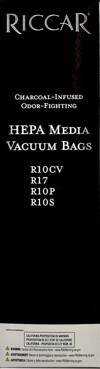 Packaging for Riccar Charcoal-Infused HEPA Media Vacuum Bags listing R10CV, R17, R10P, R10S models.