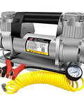 Kick Serious Fluid With This Straight Up Heavy Duty Electric Submersible Pump Built To Run Smooth On 12V Or 24V Power While Functioning As A Whisper Quiet Auto Air Compressor And Grit Proof Sump Pump with red and black jumper cables and a yellow air hose.