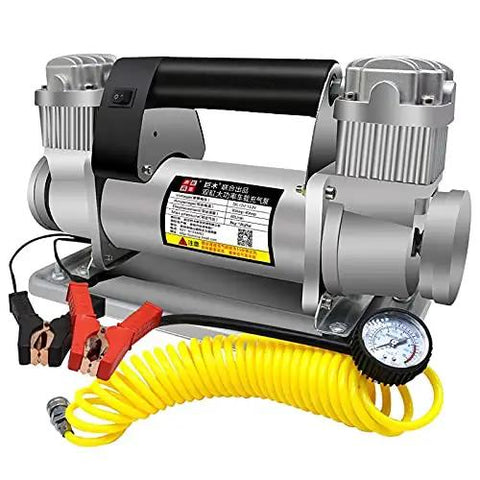 Kick Serious Fluid With This Straight Up Heavy Duty Electric Submersible Pump Built To Run Smooth On 12V Or 24V Power While Functioning As A Whisper Quiet Auto Air Compressor And Grit Proof Sump Pump with red and black jumper cables and a yellow air hose.