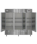 80 Inch Commercial Reach In Refrigerator Triple Door Stainless Steel Kitchen MVP with open doors showing 9 adjustable shelves.