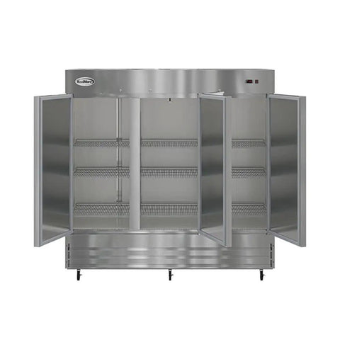 80 Inch Commercial Reach In Refrigerator Triple Door Stainless Steel Kitchen MVP with open doors showing 9 adjustable shelves.