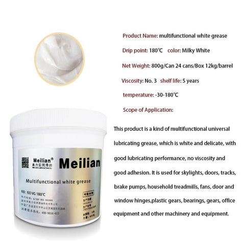 Container of Meilian multifunctional white grease, 800g, with text details on viscosity and temperature range, white lid visible