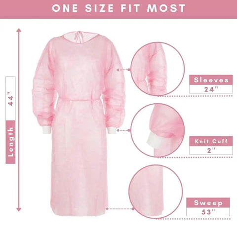 Universal Size Pink Disposable Isolation Gown Latex Free With Fluid Resistance And Knitted Cuffs Medical PPE Shield For Women And Men Top Notch Coverage For Hospital Clinic And Home Use Case Of 50 showing dimensions