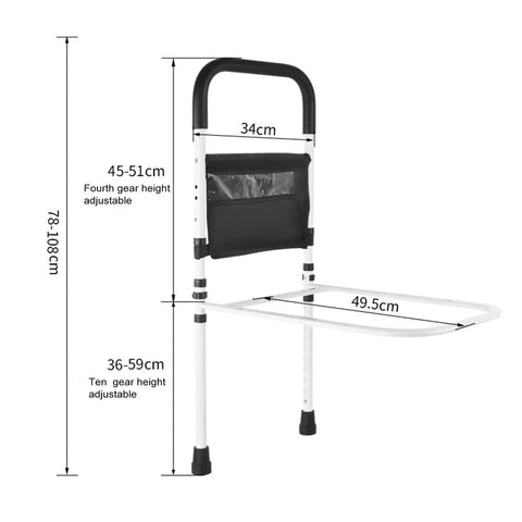 Adjustable Bed Rail With Motion Sensor LED Light Safety Grab Bar With Storage Pocket shown with dimensions