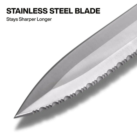 Close-up of serrated stainless steel blade of Double Edged Duct Knife With Serrated Stainless Steel Blade For Duct Board And Insulation.