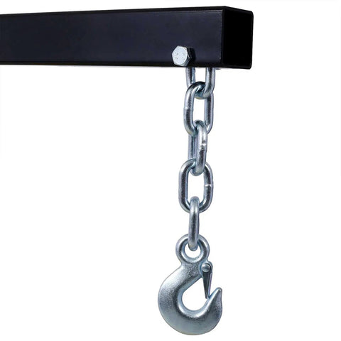 Badass Two Ton Folding Hydraulic Engine Hoist Cherry Picker Shop Crane Heavy Duty Steel Lifter showing a hook and chain.