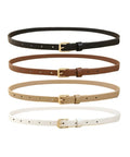 Fresh 4 Pack Skinny Belts For Women Soft Pu Leather Thin Waist Belt With Shiny Gold Buckle arranged in black, brown, beige, and white.