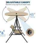 Side view of Three Seat Outdoor Patio Swing Chair With Adjustable Canopy And Armrests Breathable Textilene Seat And Back Comfortable Swing Bench For Garden Poolside Or Backyard 3 Person Seating Beige showing adjustable beige canopy and swing angle.